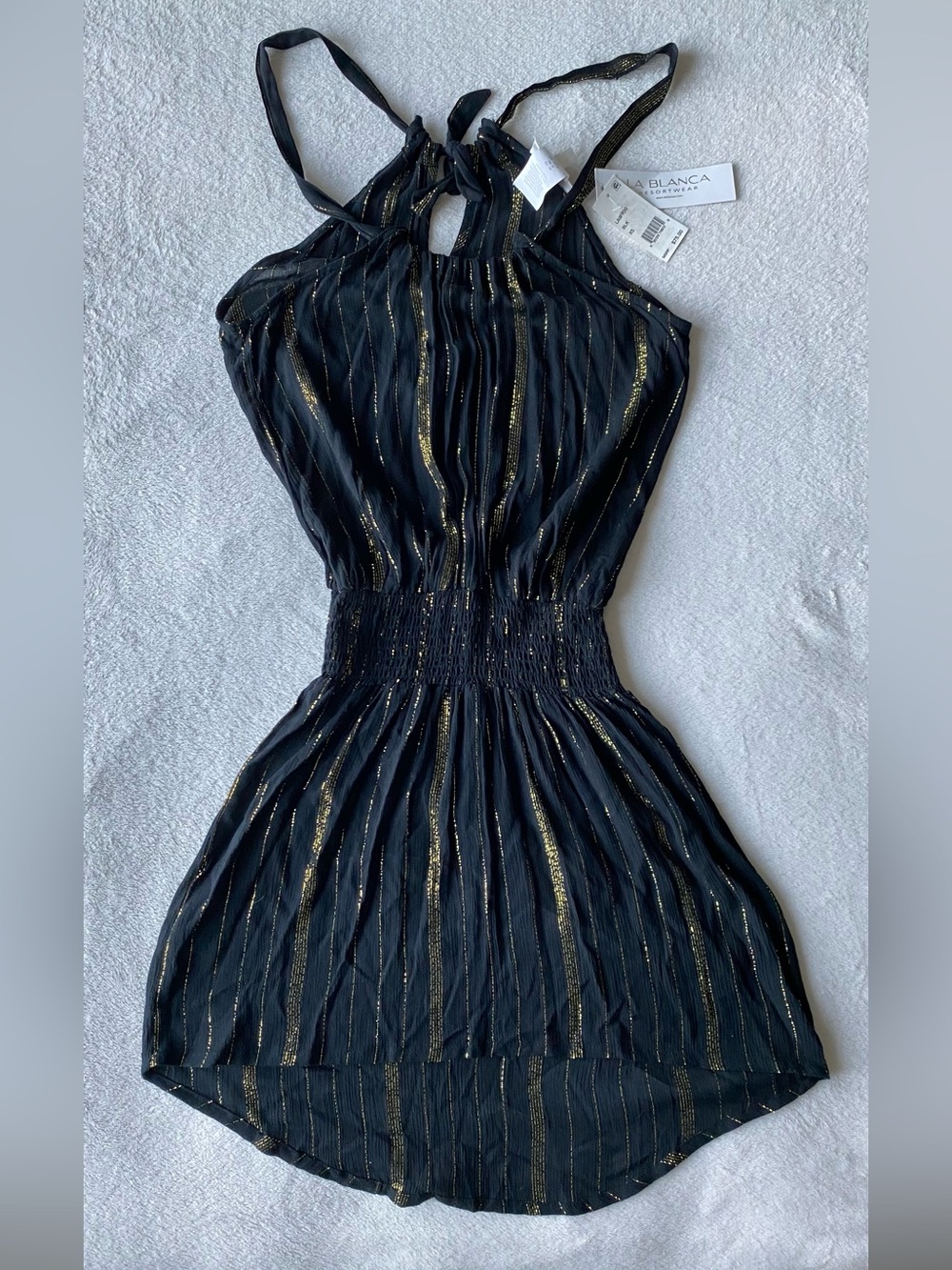 La Blanca Black Gold Shimmer Metallic Getaway Smocked Dress Coverup XS NWT - Picture 8 of 16